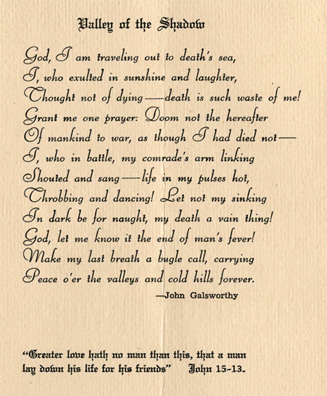 Memorial poem and scripture from Clemson Memorial Service, December 7, 1944, where Lt. White and others were remembered. (Courtesy of Clemson University TigerPrints.)