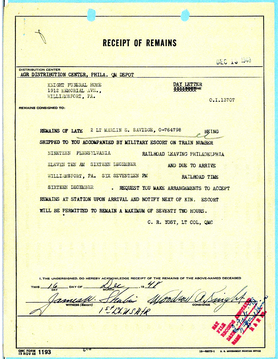 Notice regarding shipment of remains for 2nd Lt. Marlin S. Savidge.