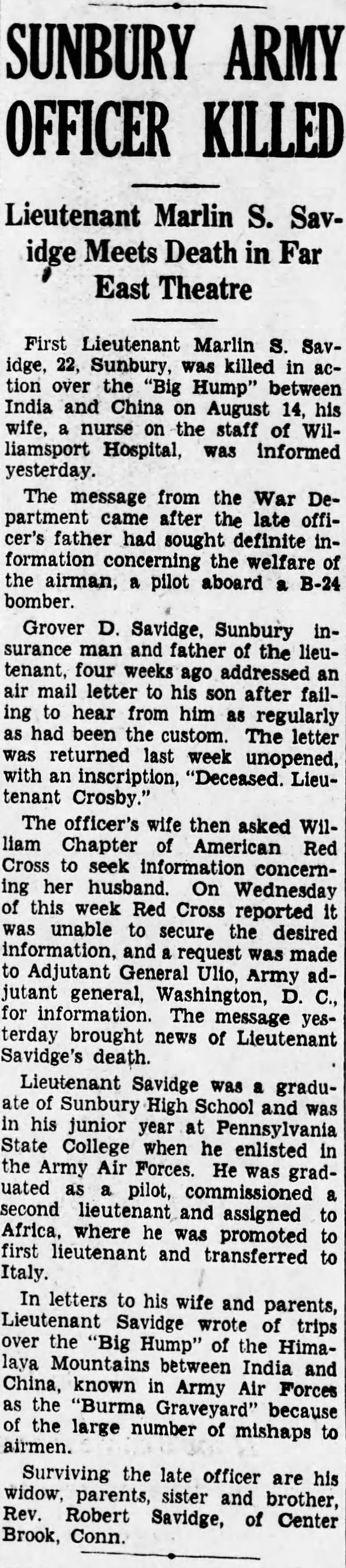 Newspaper clipping regarding loss of Marlin S. Savidge.