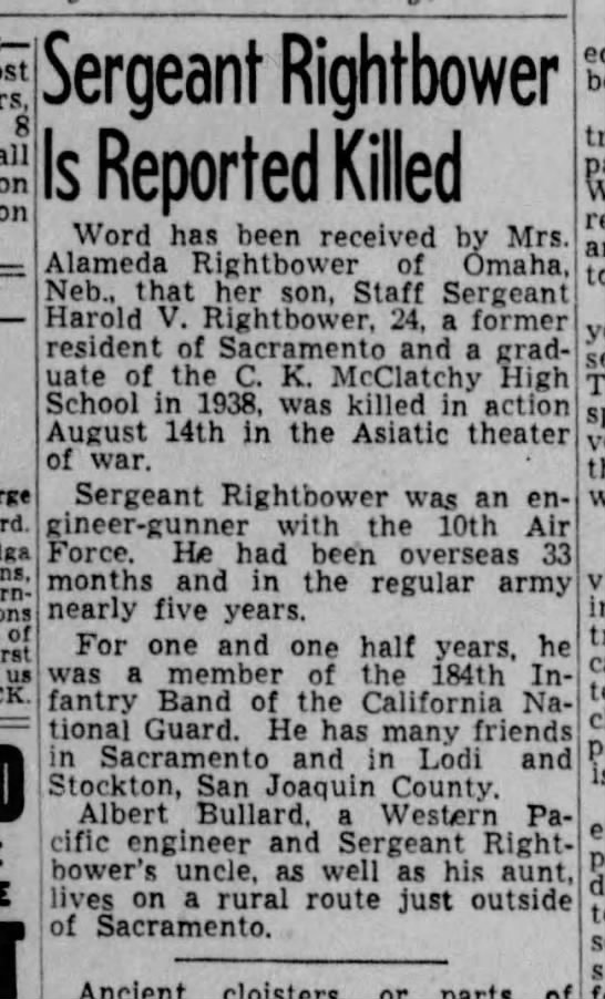 Harold V. Rightbower newspaper clipping.