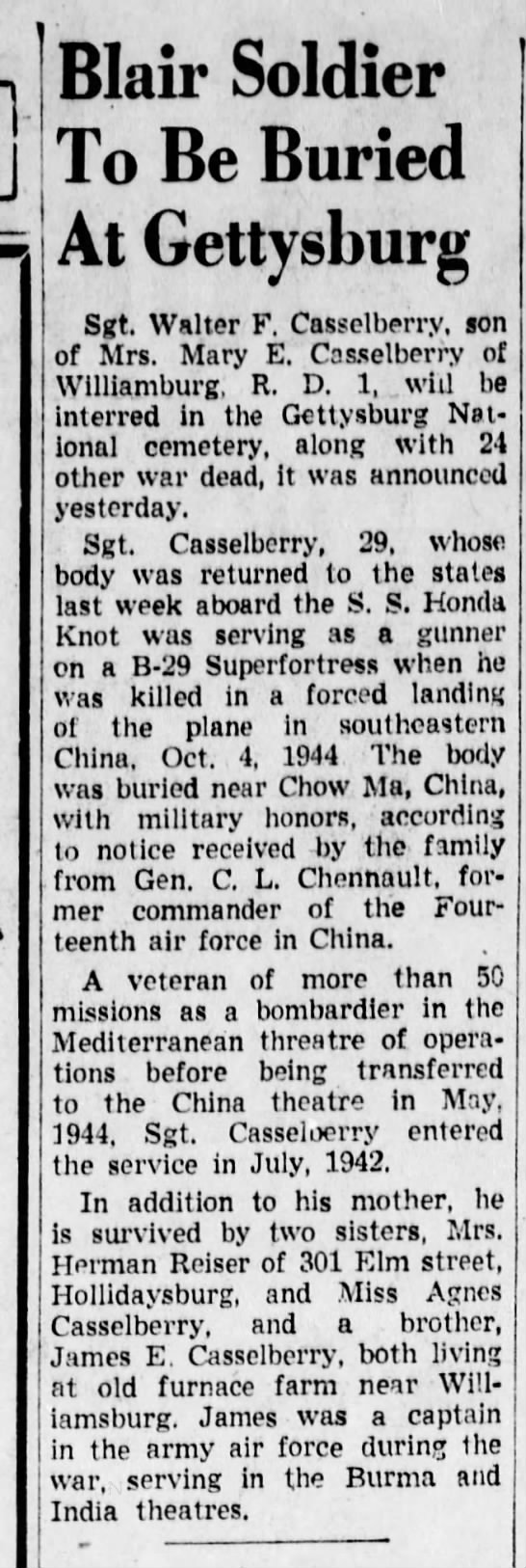 T/Sgt. Walter F. Casselberry death report