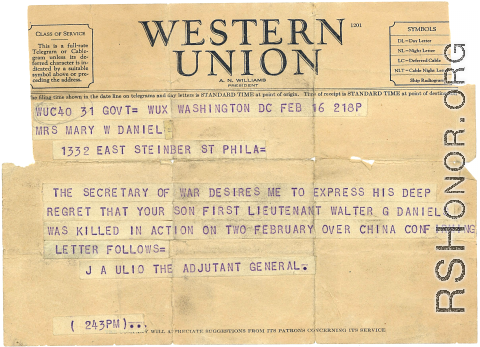 The heartbreaking government telegram to the family of Walter G. Daniels, telling them that he had been killed in action.