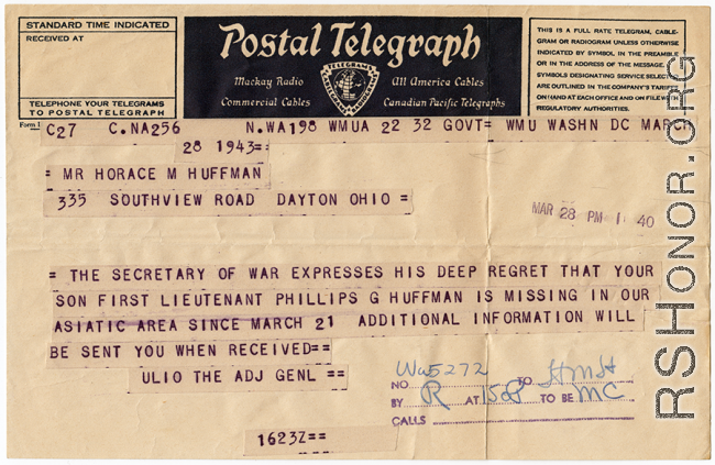 Telegram of March 28 that 2nd Lt. Phillip G. Huffman was missing.