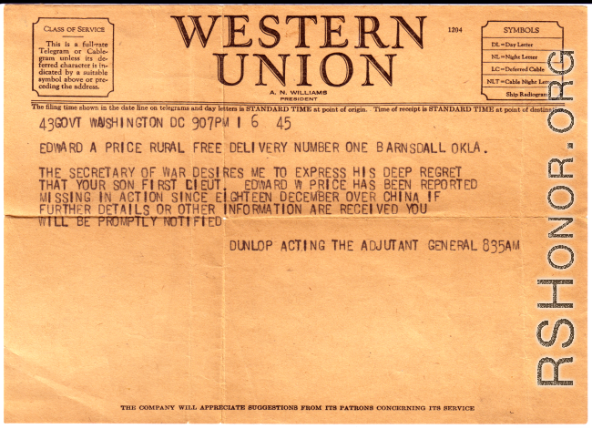 Telegram to family with notice of Lt. Price being missing in action.