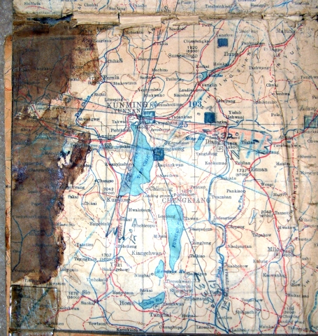 Section of well-worn map, used by Stan Mamlock in China, including in the mission when he bailed out.
