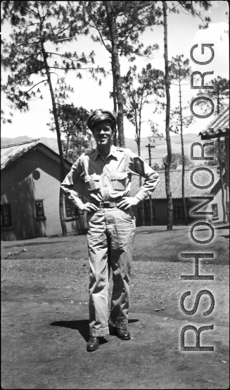 GI poses in hostel area at Yangkai air base during WWII.