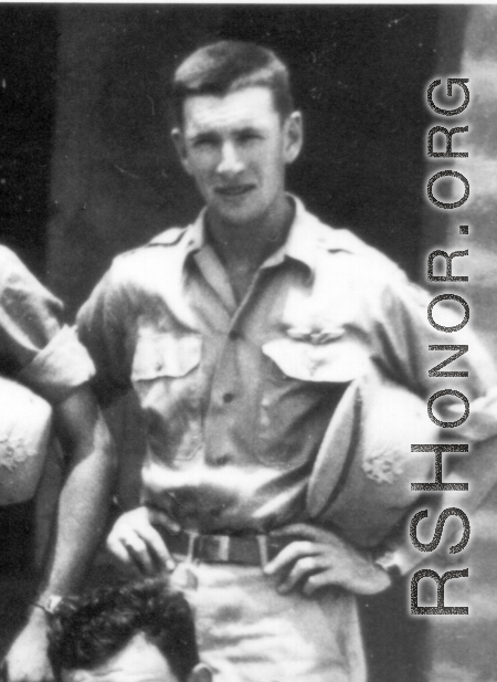 1st Lt. Van N. Moad in a group image of American flyers in Karachi, August, 1944. Born March 6, 1922, from Nampa, Idaho. He was a member of 8th Fighter Squadron, 3rd Fighter Group, CACS, and disappeared on a flight from Liangshan to Hankou flying P-51C #42-106971,"Big Blue Eyes,"  dated January 14, 1945. Declared dead January 15, 1946.  Canyon County, Idaho.