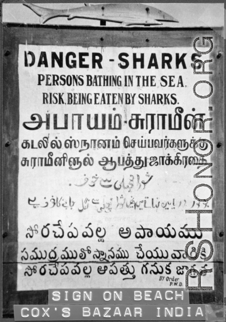 Shark warning sign at Cox's Bazaar, India, during WWII.