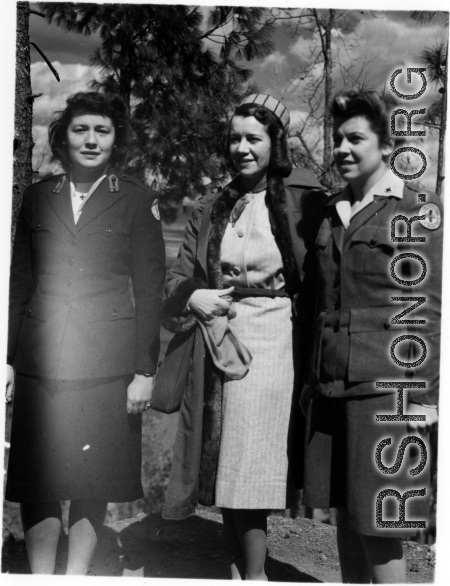Celebrities visit and perform at Yangkai, Yunnan province, during WWII: Hollywood actres on left, Opera singer Lily Pons in the center, medical staff on right.