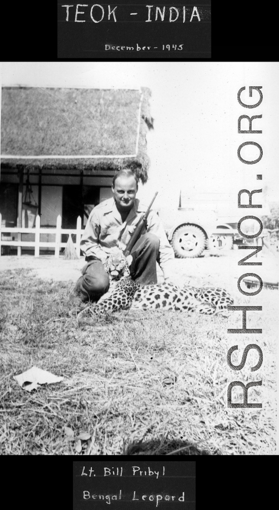 Lt. Bill Pribyl with a Bengal leopard in Teok, India, in December 1945.