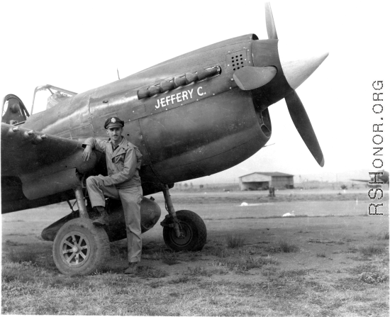 Glade C. Burton with his P-40 fighter "Jeffery C." in the CBI during WWII.