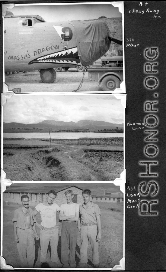 Radar men at Chenggong air base, Yunnan, China. During WWII.  Ash, Bill Lesak, Marion "Marty" Martin, Tom Cook.  374th Bombardment Squadron B-24 "Massa's Dragon" #42-109862 in revetment at Chenggong.