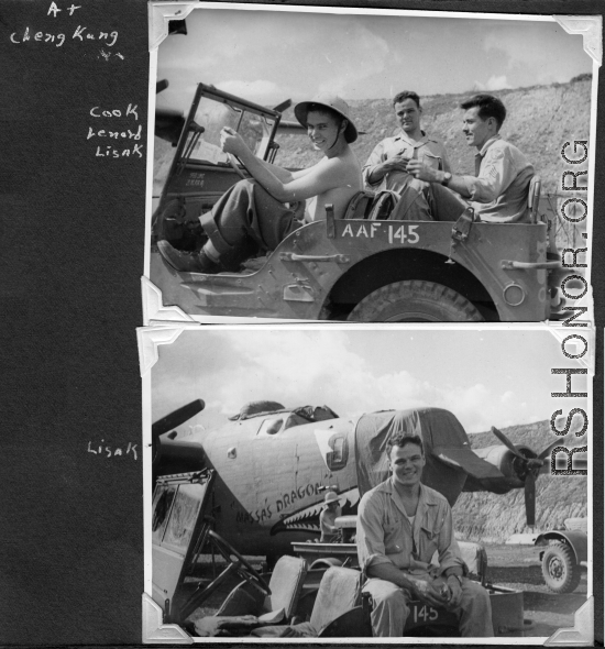 Radar men at Chenggong air base, Yunnan, China. During WWII.  Tom Cook, Jack Leonard, and Bill Lesak.   B-24 "Massa's Dragon" in revetment at Chenggong.