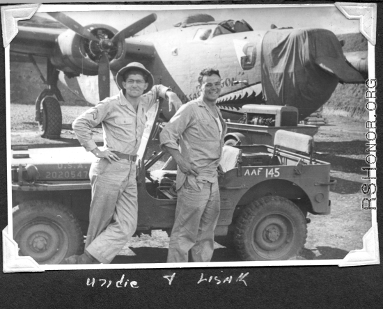 Radar men at Chenggong air base, Yunnan, China. During WWII.  Ira Underwood, Bill Lesak.  374th Bombardment Squadron B-24 "Massa's Dragon" #42-109862 in revetment at Chenggong.