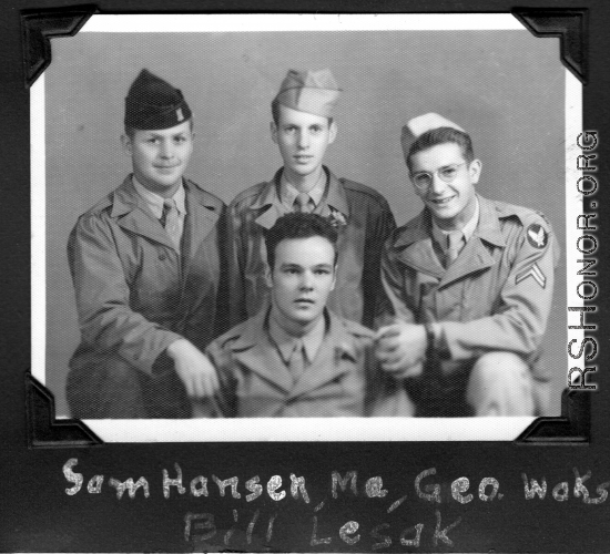 Radar mechanics pose for the camera. Back: Sam Hansen, Vern Martin, and George Wachs. Front: Bill Lesak. In WWII.