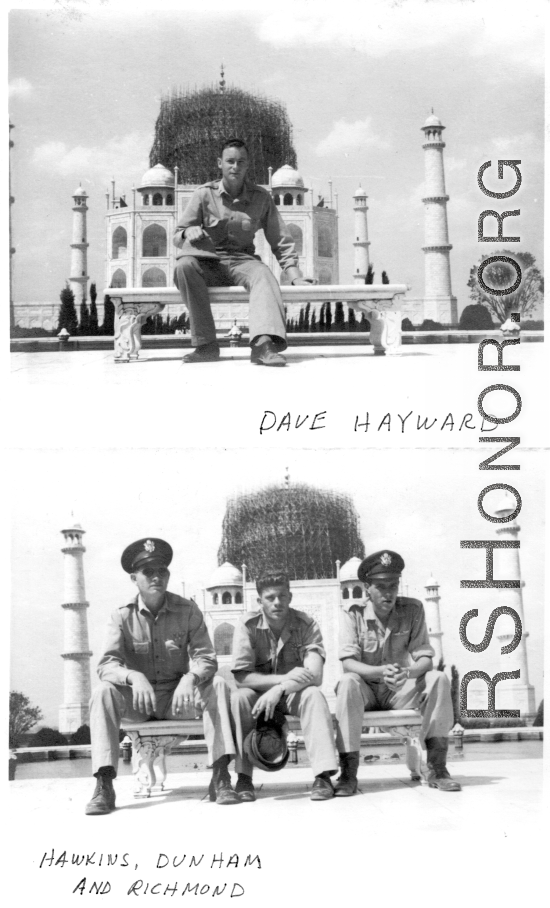 Air Force flyers visit the Taj Mahal.  Dave Hayward, Hawkins, Dunham, and Richmond.  22nd Bombardment Squadron, in the CBI.