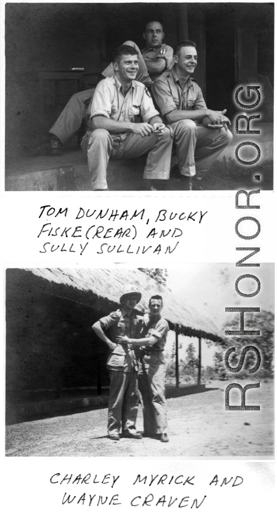 Flyers at barracks, in India or Burma. During WWII.  Tom Dunham, Bucky Fiske, Sully Sullivan, Charley Myrick, and Wayne Craven.  22nd Bombardment Squadron, in the CBI.