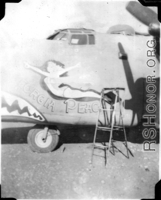 Charles Klaes with B-24 "GEORGIA PEACH," in the CBI during WWII.  "B-24s in my squadron."