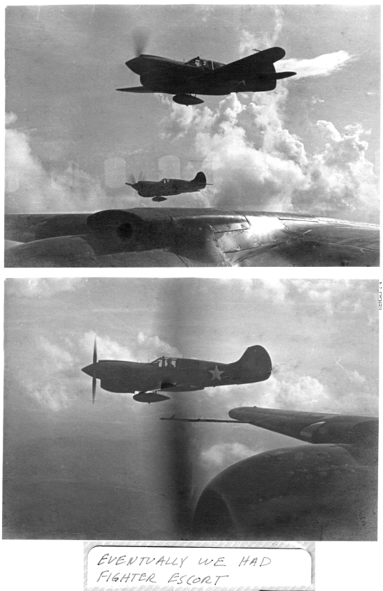 View from B-25s of the 22nd Bombardment Squadron in flight over SW China, Indochina, or Burma during WWII--Happy for the rare escort by P-40s (with external fuel tanks to extend range).