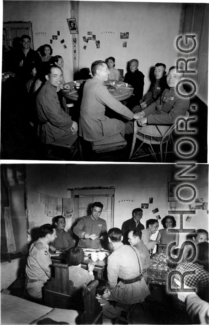 Around the time of the rally, junior officers gather in a well-off home for a jovial and friendly meal. The meal is being hosted in the home of the young woman standing in a dress against the back wall in both images--as evidenced by the photo portrait of her on the wall. She is either the wife in the home, or a trusted older daughter.  In the lower image, Eugene Wozniak is seated at the far left. That he--as a foreigner--is welcome and invited to this kind of intimate event is a testament not only of the g