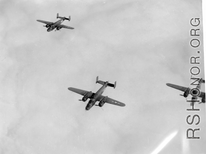 B-25s of the Ringer Squadron in flight in the CBI during WWII.