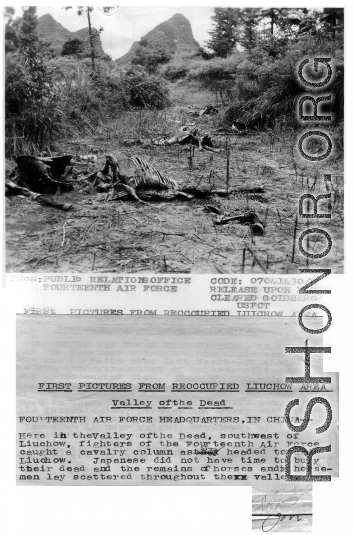 From: Public Relations Office Fourteenth Air Force Code 07041430/B Release On Rcpt Cleared Goldberg USFCT  -FIRST PICTURES FROM REOCCUPIED LIUCHOW AREA-  Valley of the Dead Fourteenth Air Force Headquarters, In China--  Here in the Valley of the Dead, southwest of Liuchow, fighters of the Fourteenth Air Force caught a cavalry column headed towards Liuchow. Japanese did not have time to bury their dead and the remains of horses and horsemen lay scattered throughout the valley.