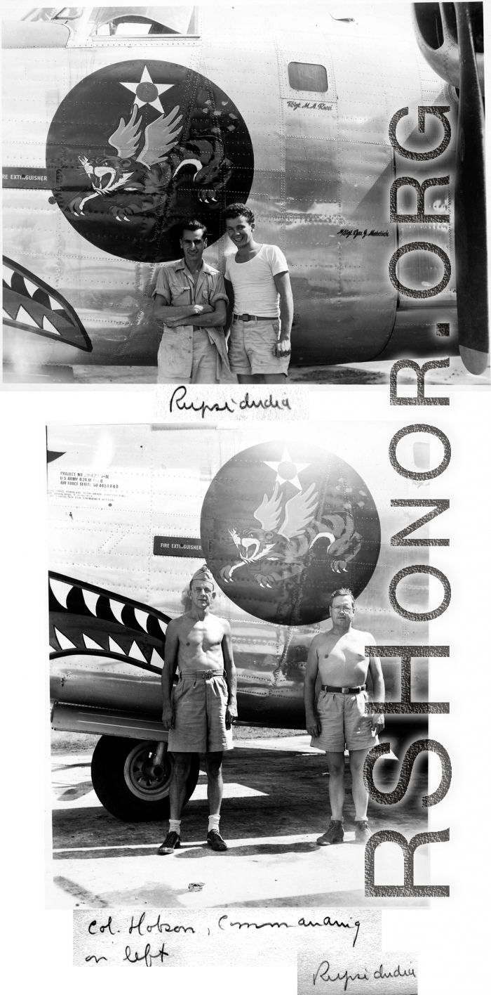 B-24 #44-51040 in Rupsi, India. Top image has two men standing before windows inscribed with the names "T/Sgt. M. A. Ricci" and "M/Sgt. Geo. J. Matetich."  Lower image is Colonel William D. Hopson and another man.