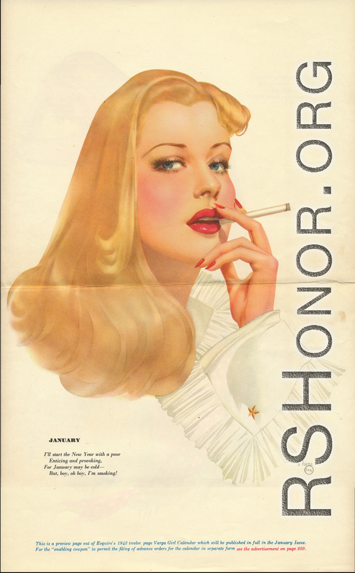 WWII era pin up girl, smoking a cigarette, 1942. Collected by Lt. Irving DeGon.