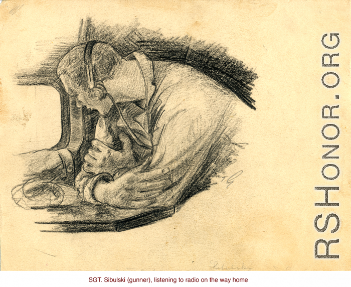 Thomas Grady was a talented and curious young artist while in the CBI, and he drew a number of his observations, often capturing emotions or experiences vividly with his pencil.   "Sgt. Sibulski (gunner), listening to radio on the way home."