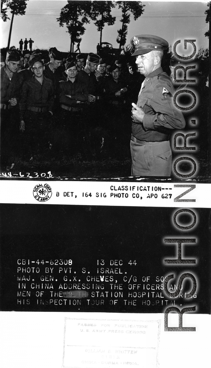 Maj. Gen. G. X. Cheves, C/G of SOS in China makes speech to personnel of the 95th Station Hospital at APO 627.  Kunming, Yunnan Province on December 13, 1944.  Photo by Pvt. S. Israel.  Passed by censor William E. Whitten.