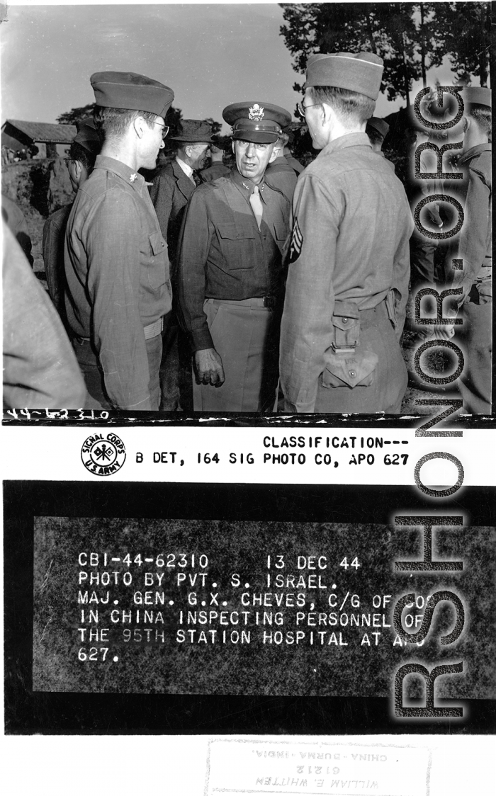 Maj. Gen. G. X. Cheves, C/G of SOS in China inspecting personnel of the 95th Station Hospital at APO 627.  Kunming, Yunnan Province on December 13, 1944.  Photo by Pvt. S. Israel.  Passed by censor William E. Whitten.