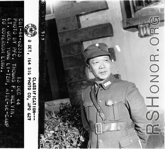 Lt. Gen. Yung Li-teh, Aide-de-camp to governor Lung.  Yunnan Province on December 13, 1944. Gen. Lu Han, Maj. Gen. Wedemeyer, and Gen. Kwan.  Photo by Pfc. Thomas F. Melvin.