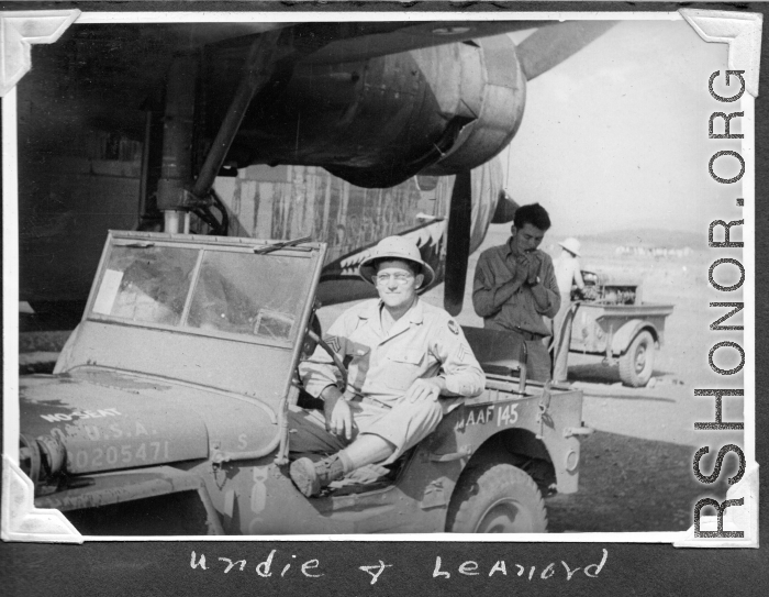 Radar men at Chenggong air base, Yunnan, China. During WWII.  Ira Underwood, Jack Leonard.  374th Bombardment Squadron B-24 "Massa's Dragon" #42-109862 in revetment at Chenggong.
