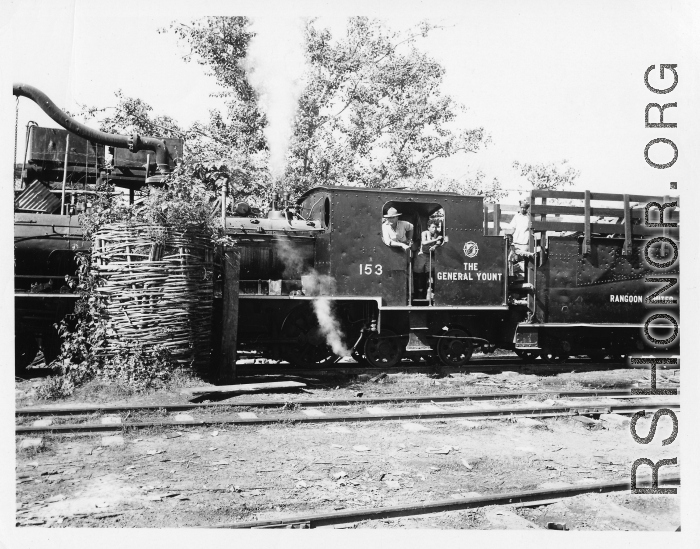 Steam engine named "The General Yount" of the Rangoon Limited in Burma.  During WWII.  797th Engineer Forestry Company.