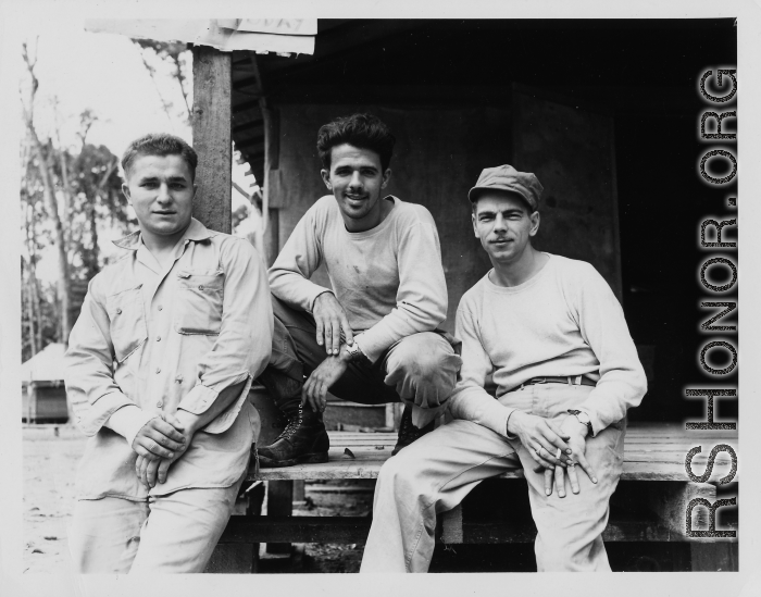 Engineers of the 797th Engineer Forestry Company pose outside building at camp in Burma.  During WWII.