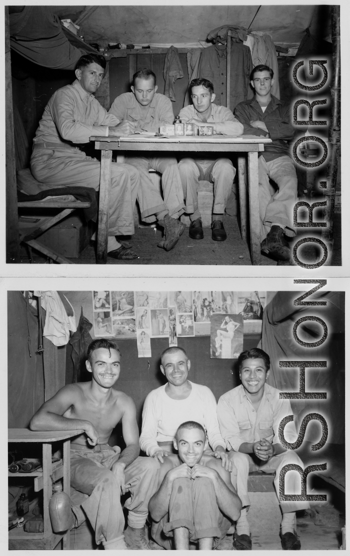Engineers of the 797th Engineer Forestry Company pose in their barracks/tent in Burma.  During WWII.