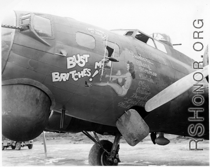 A B-17 bomber retrofitted with radar and new antenna (retrofitted directly over the nose art).  Aircraft in Burma near the 797th Engineer Forestry Company.  During WWII.