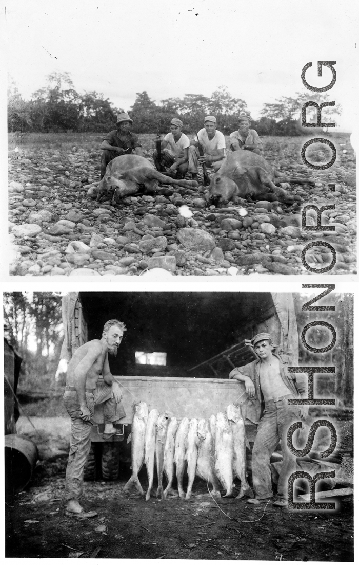 Engineers of the 797th Engineer Forestry Company pose with their catch after a round of huntin' and fishin' in Burma.  During WWII.