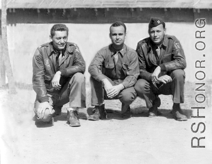 Three members of the 341st Bombardment Group pose in the CBI during WWII. Dan Loring (11th Squadron) on the right.