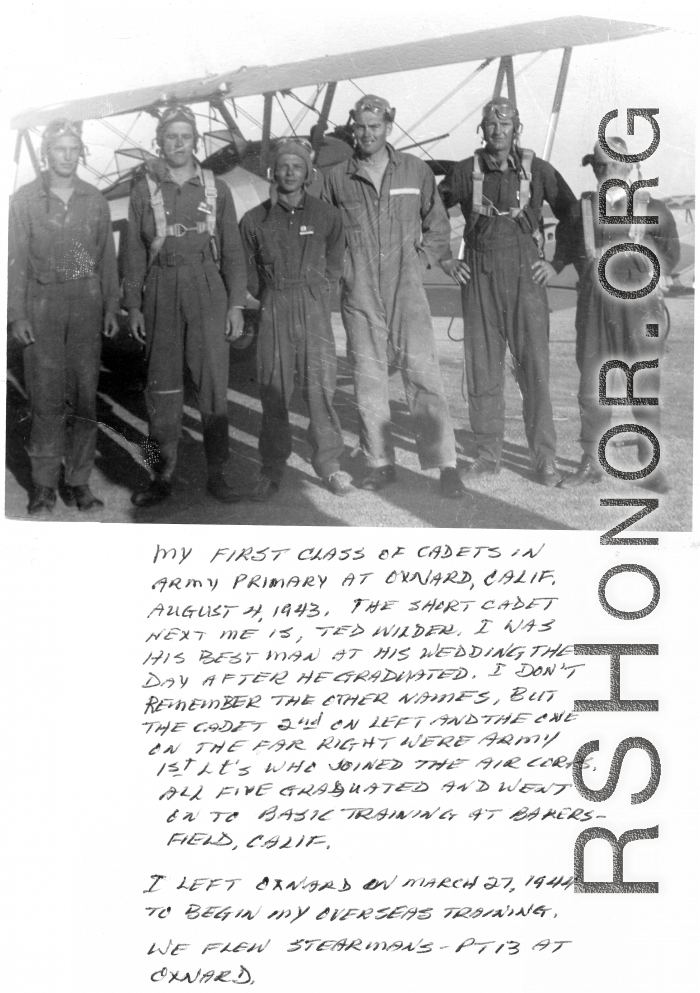 Flying cadets at Oxnard, CA, flying Stearman PT-13 ATs. during WWII.   Richard D. Harris third from the right.