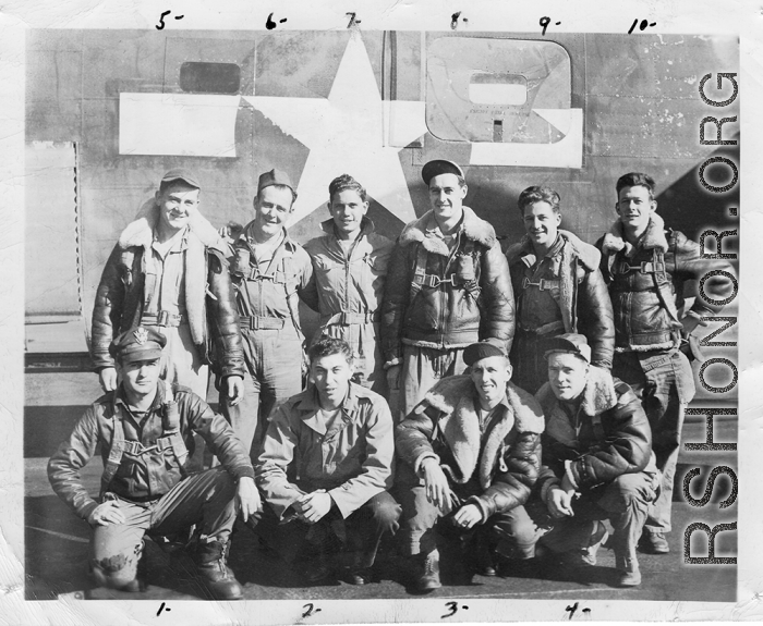 Crew of B-24 bomber of the 9th Bombardment Squadron, 7th Bombardment Group, 10th Air Force, pose with their B-24 bomber during WWII.  Back row L-R: S/Sgt. Martin H. McGuffin (Gunner), S/Sgt. Thomas Carroll (Gunner), S/Sgt. Leonard J. Lueken (Radar Operator), S/Sgt. Harry Russell (gunner), S/Sgt. Stanley Berman (Engineer), S/Sgt. Wayne Shirley (Gunner)  Front L-R: Lt. Virgil L. Poston (Pilot), 2nd Lt. Stanley Wasserman (Copilot), 2nd Lt. Walter L. Wegner (Navigator), 2nd Lt. Thurzal Q. Terry (Bombardier)