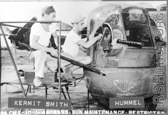 Gun turret maintenance for F-7/B-24, October 1, 1944. Kermit Smith and Hummel.  24th Combat Mapping Squadron, 8th Photo Reconnaissance Group, 10th Air Force.