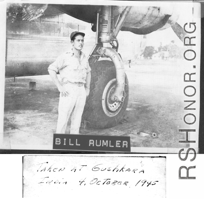 Bill Rumler poses by landing gear of a F-7A/B-24. October 4, 1945, Gushkara, India.  24th Combat Mapping Squadron, 8th Photo Reconnaissance Group, 10th Air Force.
