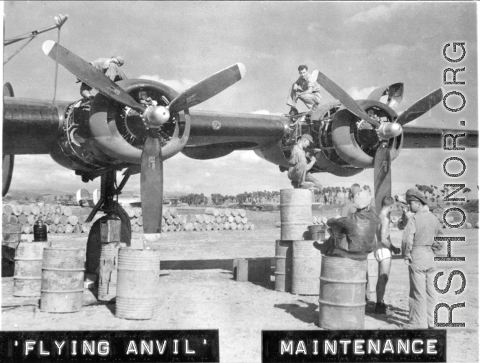 Engine maintenance F-7A/B-24 "The FLYING ANVIL." At Chanyi (Zhanyi), China.  24th Combat Mapping Squadron, 8th Photo Reconnaissance Group, 10th Air Force.