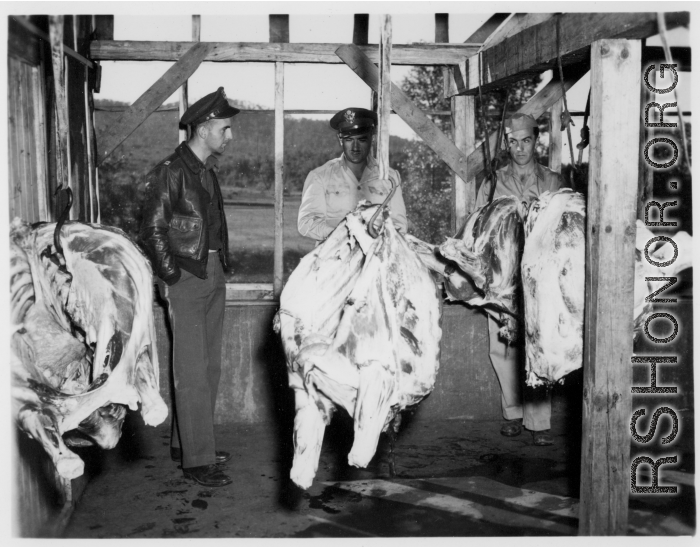 Inspection at a beef slaughterhouse at Yangkai, set up specifically to provide meat for base personnel. During WWII.