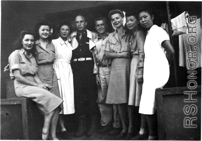 Celebrities visit and perform at Yangkai, Yunnan province, during WWII: Mary Landa and Ruth Dennis on far left, and Ann Sheridan third from right, during visit medical staff, likely at Yangkai.