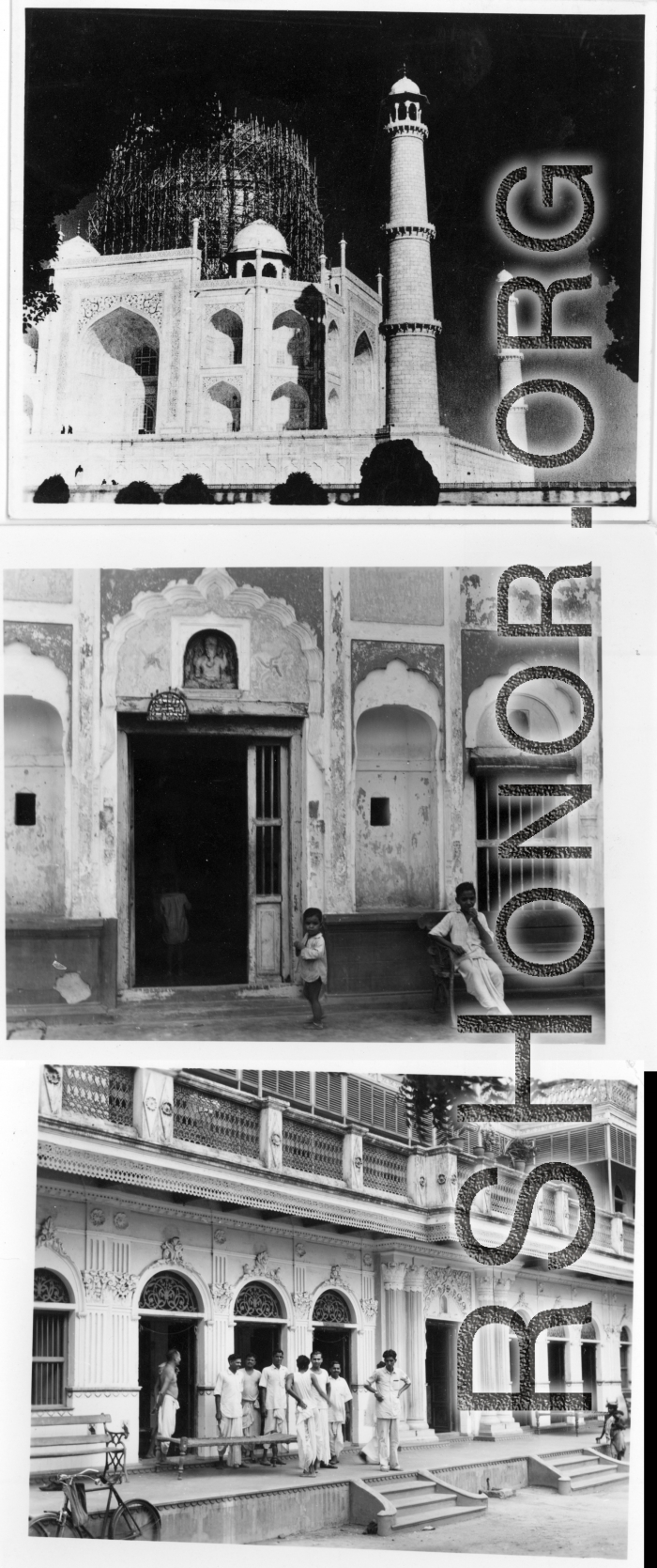 Taj Mahal under maintenance (top), and other buildings (below).  Scenes in India witnessed by American GIs during WWII. For many Americans of that era, with their limited experience traveling, the everyday sights and sounds overseas were new, intriguing, and photo worthy.