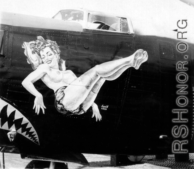 Nose art on a B-24, by David Attie. This is on Liberator serial #44-51508 Ford B-24M-30-FO named "Stripped for ACTION." (thanks Jack Gross)