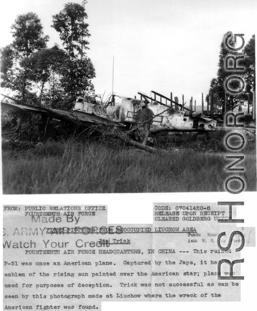 Destroyed P-51 fighter at Liuzhou during WWII, after Japanese retreat.