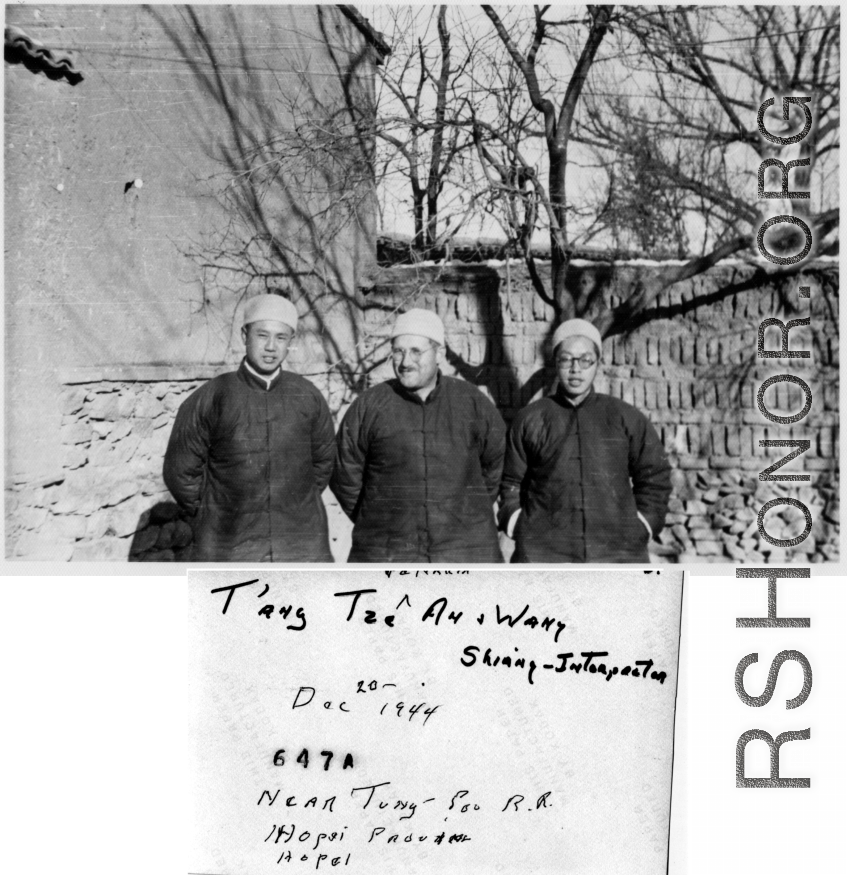 Three men in northern China, near Tung-Poo Railway, Hepei (Hebei) province, China. "Tang Tze An, Wang Shiang (interpreter)." December 20, 1044.  In the CBI during WWII.